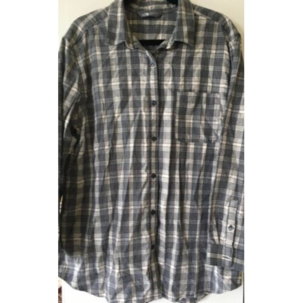 THE NORTH FACE Flannel Long Sleeve Button Front Gray Plaid Shirt Women XL